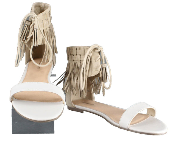 Indigo Rd Sz 10 Cream Tan Fringed Ankle Tie Flat Sandal