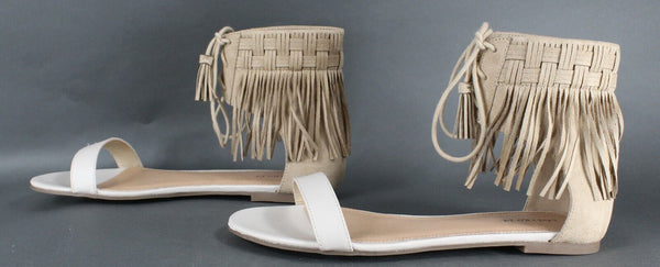 Indigo Rd Sz 10 Cream Tan Fringed Ankle Tie Flat Sandal