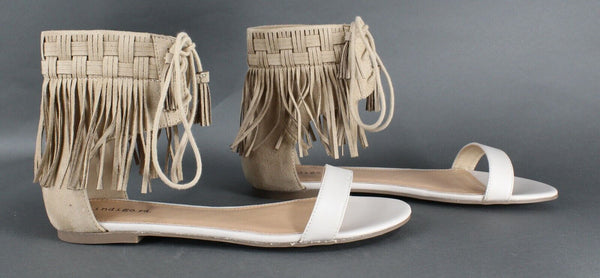 Indigo Rd Sz 10 Cream Tan Fringed Ankle Tie Flat Sandal