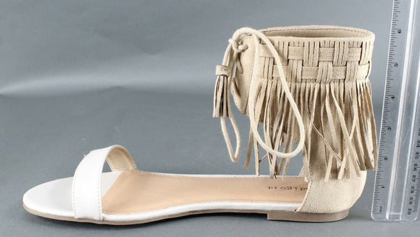 Indigo Rd Sz 10 Cream Tan Fringed Ankle Tie Flat Sandal
