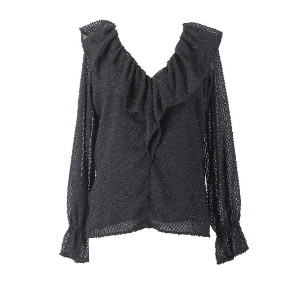 Loft Top NEW Sz MP Black Ruffles Poet V Neck Lined Textured Polyester Top