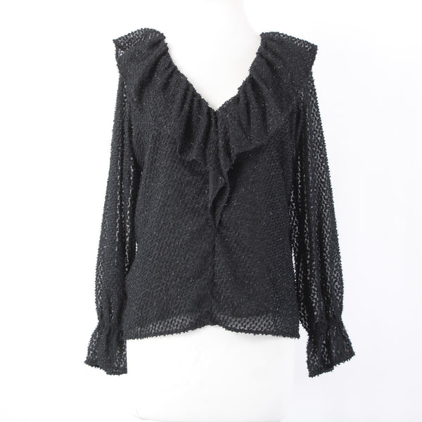 Loft Top NEW Sz MP Black Ruffles Poet V Neck Lined Textured Polyester Top