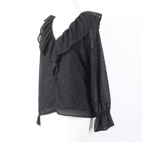 Loft Top NEW Sz MP Black Ruffles Poet V Neck Lined Textured Polyester Top