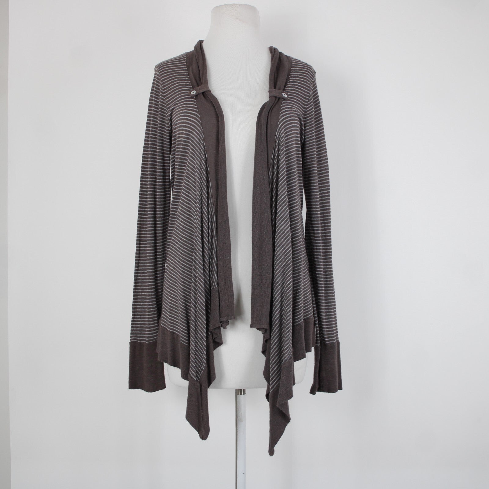 Splendid Sz L Brown Gray Striped Asymmetrical Rayon Linen Poly Wrap Sweater