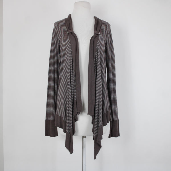 Splendid Sz L Brown Gray Striped Asymmetrical Rayon Linen Poly Wrap Sweater