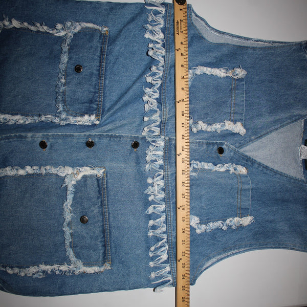 A Class Sz M Blue Denim Distressed Pockets Sleeveless 100% Cotton Vintage Vest