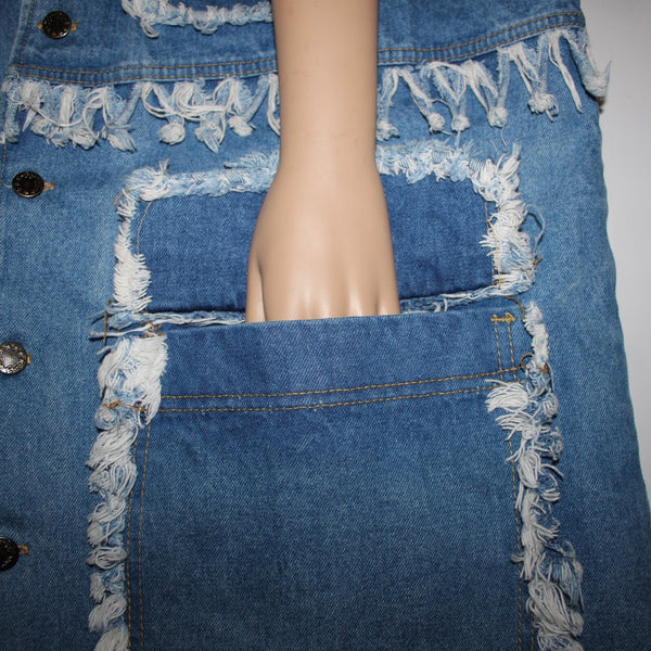 A Class Sz M Blue Denim Distressed Pockets Sleeveless 100% Cotton Vintage Vest