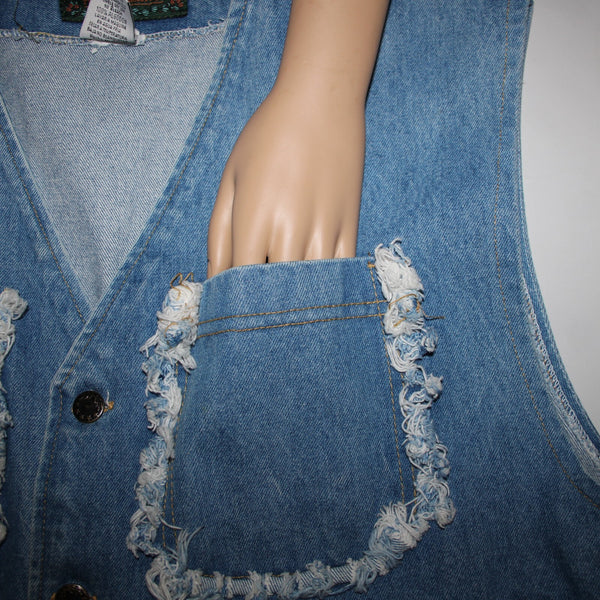 A Class Sz M Blue Denim Distressed Pockets Sleeveless 100% Cotton Vintage Vest