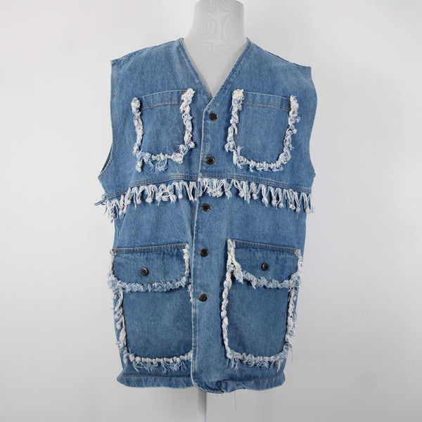 A Class Sz M Blue Denim Distressed Pockets Sleeveless 100% Cotton Vintage Vest
