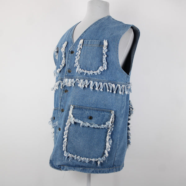 A Class Sz M Blue Denim Distressed Pockets Sleeveless 100% Cotton Vintage Vest
