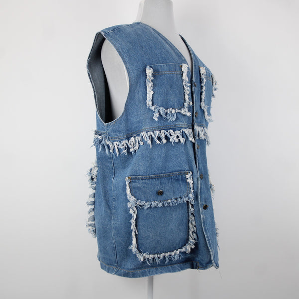 A Class Sz M Blue Denim Distressed Pockets Sleeveless 100% Cotton Vintage Vest