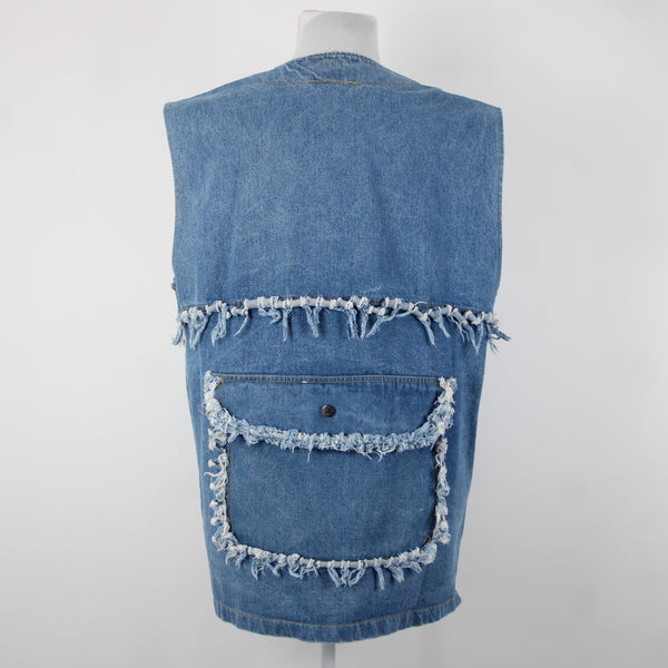 A Class Sz M Blue Denim Distressed Pockets Sleeveless 100% Cotton Vintage Vest