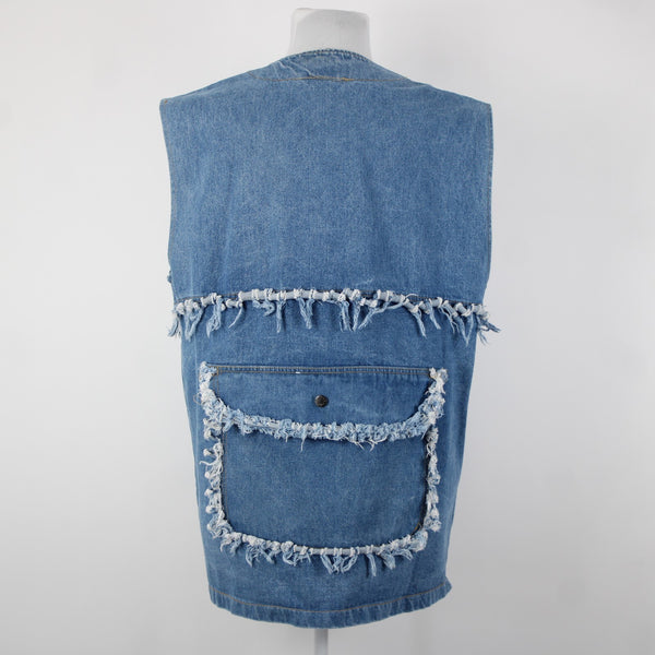 A Class Sz M Blue Denim Distressed Pockets Sleeveless 100% Cotton Vintage Vest