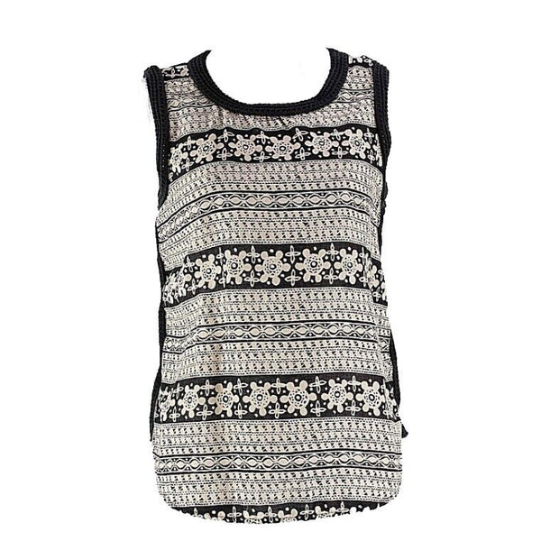 Ann Taylor LOFT Sz M Black Tan Cotton Woven Trim Sleeveless Top