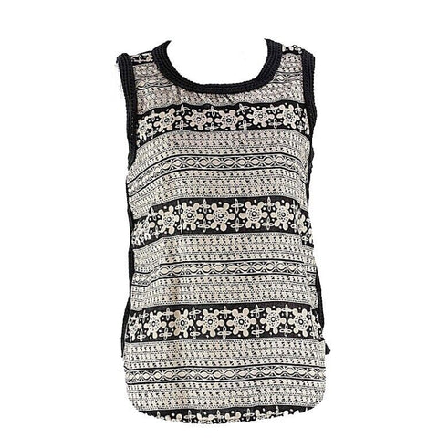 Ann Taylor LOFT Sz M Black Tan Cotton Woven Trim Sleeveless Top