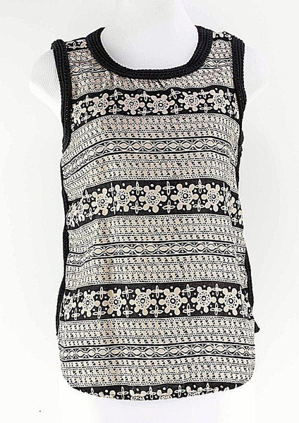 Ann Taylor LOFT Sz M Black Tan Cotton Woven Trim Sleeveless Top