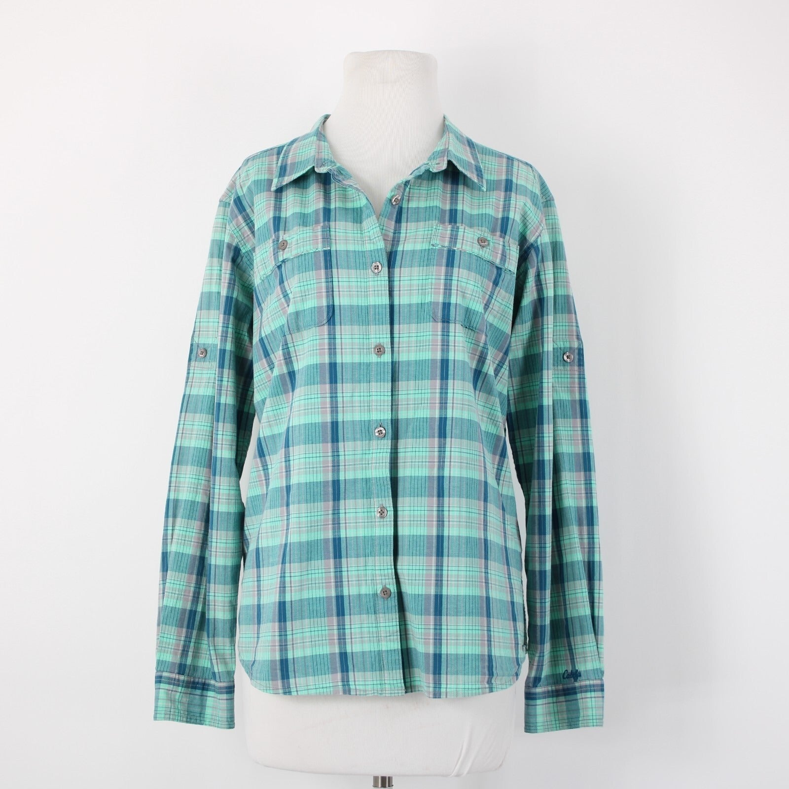 Cabela's Sz L Aqua Blue Lavender Navy Plaid Cotton Blend Pocketed Tab Sleeve Top