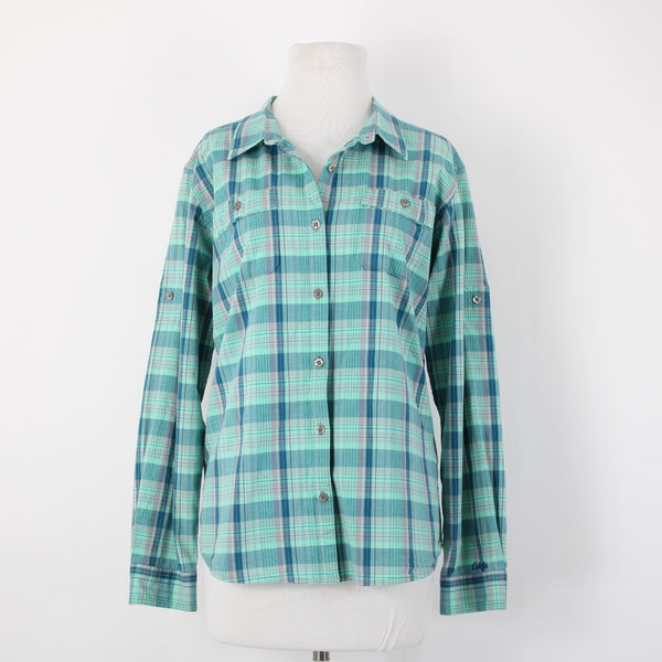 Cabela's Sz L Aqua Blue Lavender Navy Plaid Cotton Blend Pocketed Tab Sleeve Top