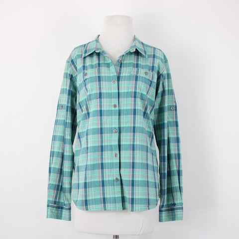 Cabela's Sz L Aqua Blue Lavender Navy Plaid Cotton Blend Pocketed Tab Sleeve Top