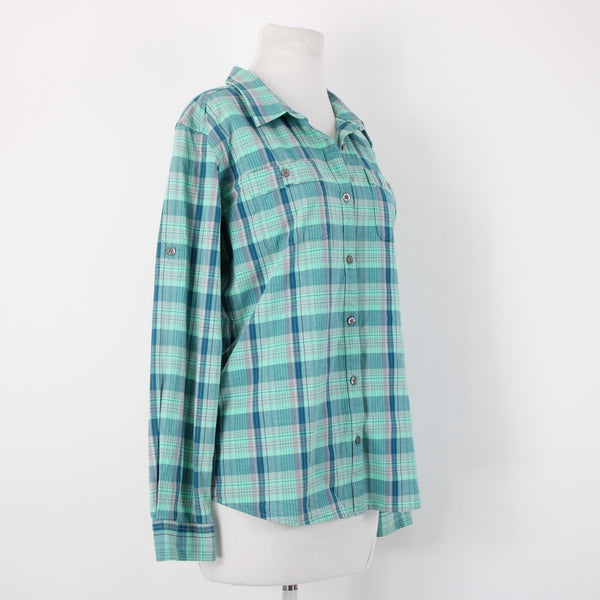 Cabela's Sz L Aqua Blue Lavender Navy Plaid Cotton Blend Pocketed Tab Sleeve Top