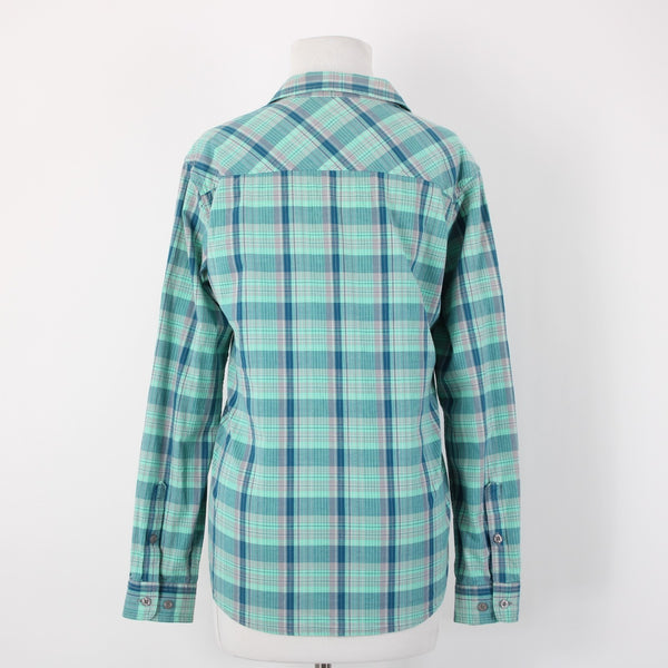 Cabela's Sz L Aqua Blue Lavender Navy Plaid Cotton Blend Pocketed Tab Sleeve Top