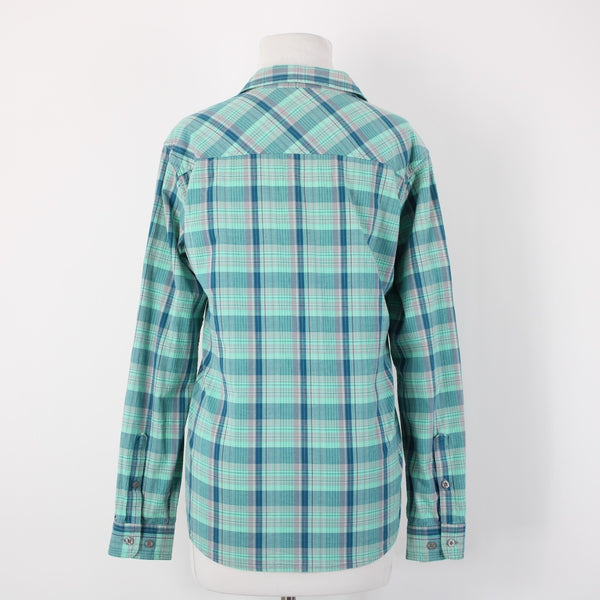 Cabela's Sz L Aqua Blue Lavender Navy Plaid Cotton Blend Pocketed Tab Sleeve Top