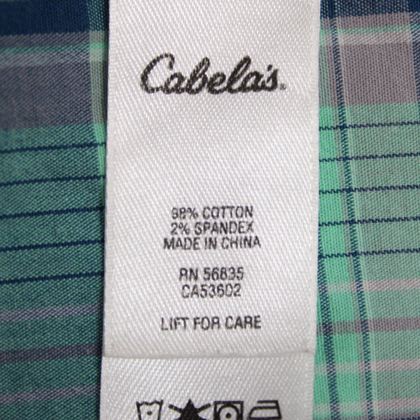 Cabela's Sz L Aqua Blue Lavender Navy Plaid Cotton Blend Pocketed Tab Sleeve Top