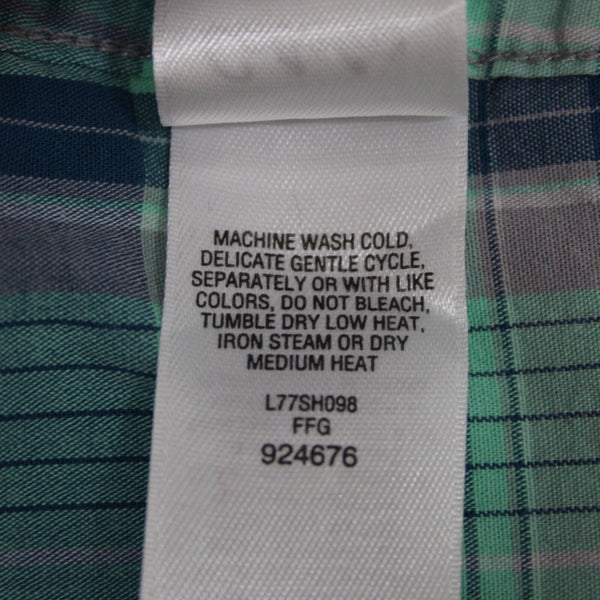 Cabela's Sz L Aqua Blue Lavender Navy Plaid Cotton Blend Pocketed Tab Sleeve Top