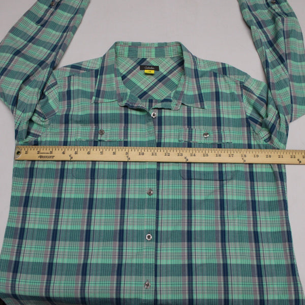 Cabela's Sz L Aqua Blue Lavender Navy Plaid Cotton Blend Pocketed Tab Sleeve Top