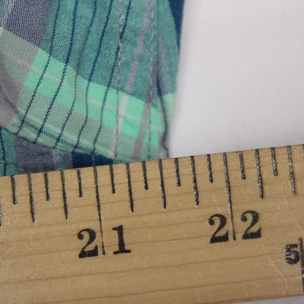 Cabela's Sz L Aqua Blue Lavender Navy Plaid Cotton Blend Pocketed Tab Sleeve Top