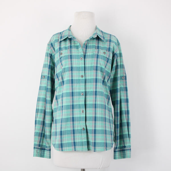 Cabela's Sz L Aqua Blue Lavender Navy Plaid Cotton Blend Pocketed Tab Sleeve Top