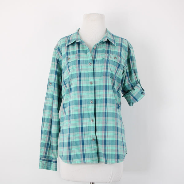 Cabela's Sz L Aqua Blue Lavender Navy Plaid Cotton Blend Pocketed Tab Sleeve Top