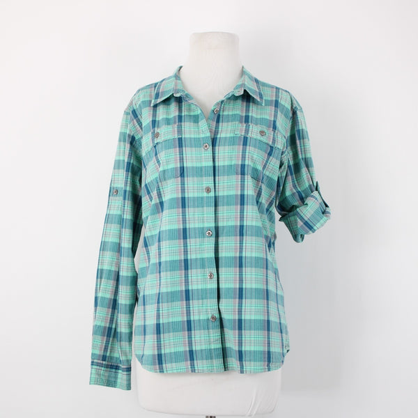 Cabela's Sz L Aqua Blue Lavender Navy Plaid Cotton Blend Pocketed Tab Sleeve Top