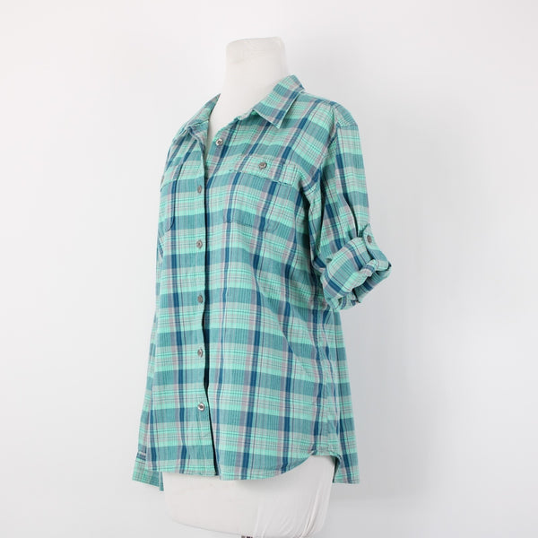Cabela's Sz L Aqua Blue Lavender Navy Plaid Cotton Blend Pocketed Tab Sleeve Top