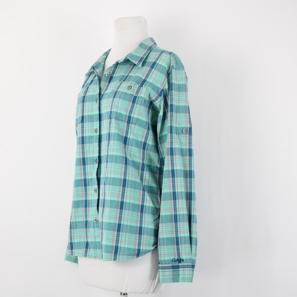 Cabela's Sz L Aqua Blue Lavender Navy Plaid Cotton Blend Pocketed Tab Sleeve Top