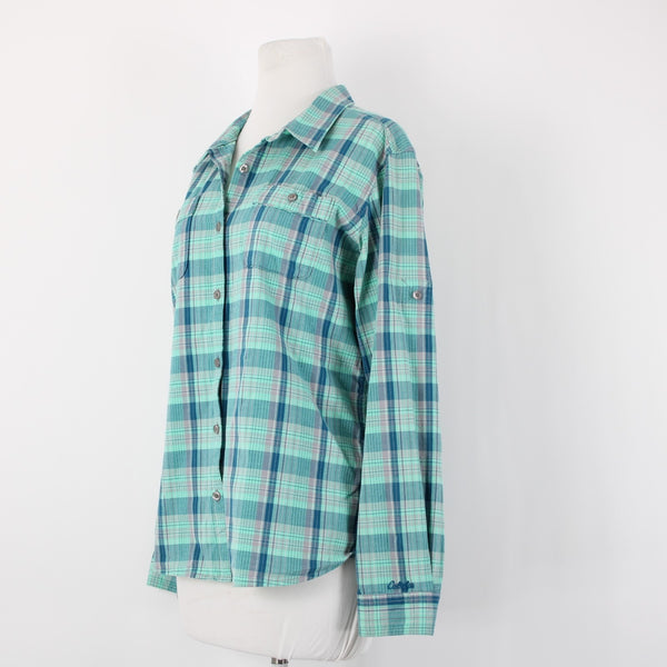 Cabela's Sz L Aqua Blue Lavender Navy Plaid Cotton Blend Pocketed Tab Sleeve Top