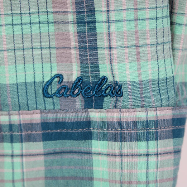 Cabela's Sz L Aqua Blue Lavender Navy Plaid Cotton Blend Pocketed Tab Sleeve Top