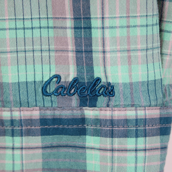 Cabela's Sz L Aqua Blue Lavender Navy Plaid Cotton Blend Pocketed Tab Sleeve Top