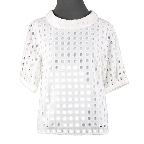 Wolven NEW $120 Blanc Sz 6 White Lined Perforated Collared Neck 100% Cotton Top