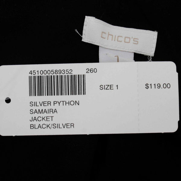Chicos NEW $119 Sz 1 Black Silver Python Samaira 100% Polyester Jacket