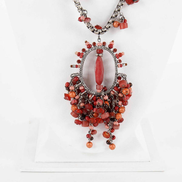 Chicos 25" Ext 4" Silverstone Red Beaded Statement Lobster Clasp Necklace