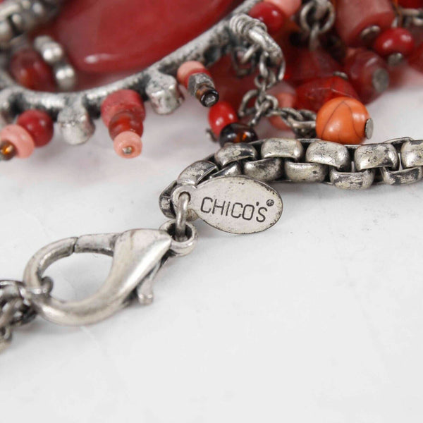 Chicos 25" Ext 4" Silverstone Red Beaded Statement Lobster Clasp Necklace