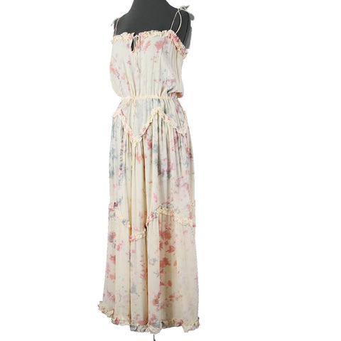 S/W/F NEW Villa Sz S Cream Pink Multi Ruffles Dynamic Tye Dye 100% Rayon Dress