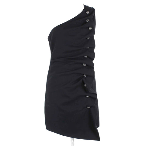 Ce Nouve Au Look Sz P Black One Shoulder Button Ruffle Silk Blend Dress