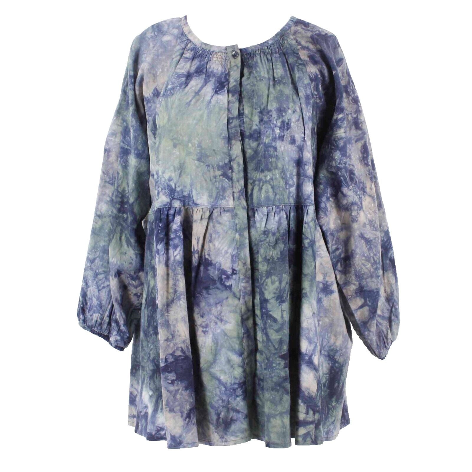 CAbi NEW $109 Sz M Blue Multi Tie Dye Buttons Gathered Linen Blend Woodstock Top