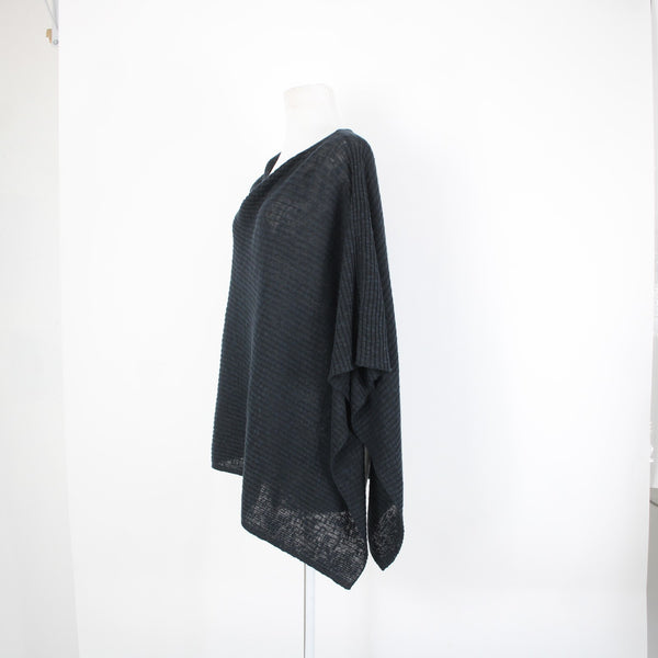 Eileen Fisher Sz OS Navy Black Ribbed Asymmetrical Wrap Bohemian Sweater