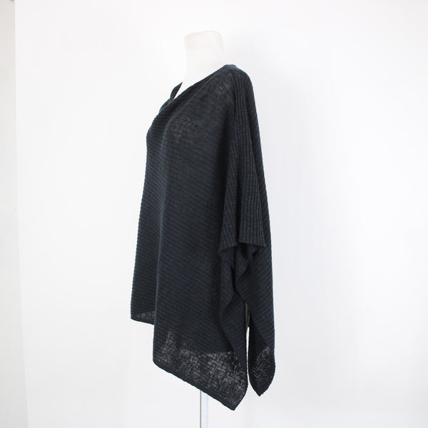 Eileen Fisher Sz OS Navy Black Ribbed Asymmetrical Wrap Bohemian Sweater