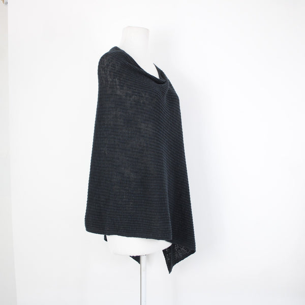 Eileen Fisher Sz OS Navy Black Ribbed Asymmetrical Wrap Bohemian Sweater
