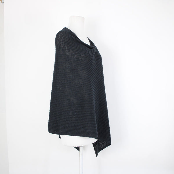 Eileen Fisher Sz OS Navy Black Ribbed Asymmetrical Wrap Bohemian Sweater