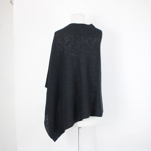 Eileen Fisher Sz OS Navy Black Ribbed Asymmetrical Wrap Bohemian Sweater